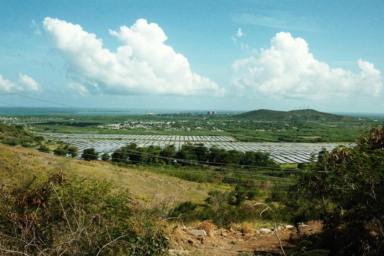 A view from a hilltop near Salinas, Puerto Rico, shows the vast area now covered in solar panels for one of the island's largest photovoltaic plants. Another facility more than twice the size is slated to begin construction nearby.