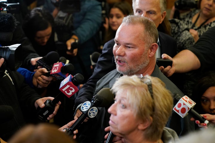 Mike and Becky Patty, grandparents of Libby German, speak with the media following a news conference in Delphi, Indiana, Monday, Oct. 31, 2022, where the arrest of Richard Allen, 50, was announced for the murders of two teenage girls killed during a 2017 hiking trip in northern Indiana. Liberty German, 14, and Abigail Williams, 13, were killed in February 2017.