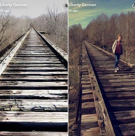 Libby German uploaded two photos to Snapchat prior to her and Abby Williams' disappearance: One of Abby standing on an abandoned railroad bridge (right) and another of the bridge itself (left).