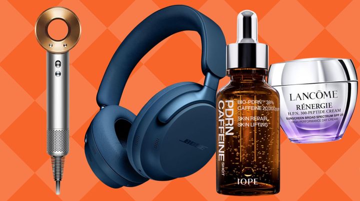 Dyson hair dryer, Bose headphones, IOPE BIO-PDRN Caffeine Shot Face Serum and Lancôme hyaluronic acid face cream.