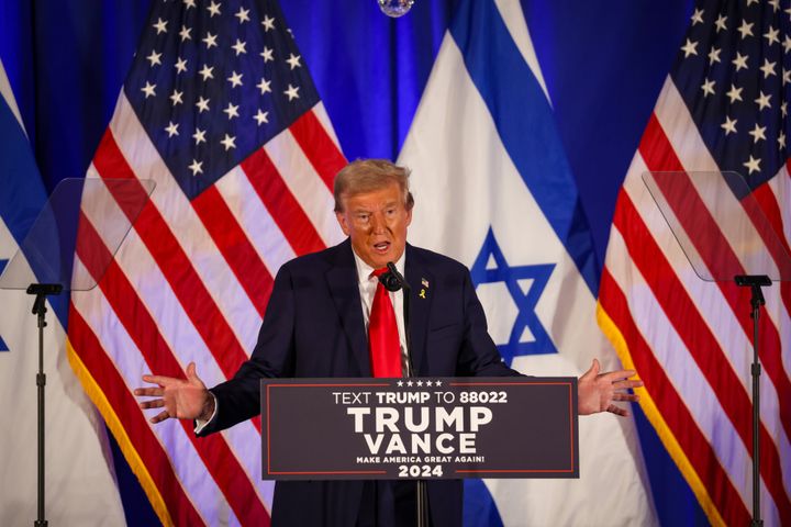 Republican presidential nominee Donald Trump speaks during the October 7th Remembrance Event at Trump National Doral Miami on October 7, 2024, in Miami, Florida.