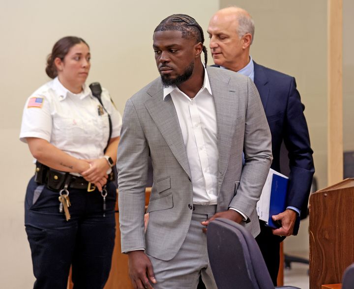 New England Patriots safety Jabrill Peppers leaves his arraignment at Quincy District Court after being arrested Saturday morning. 