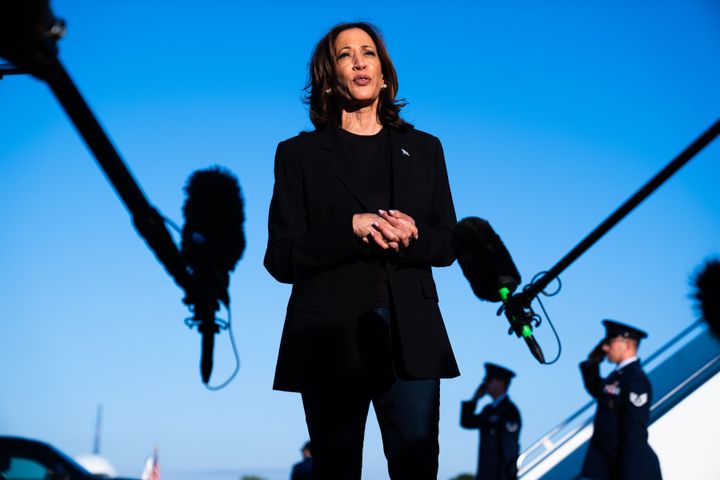 Democratic presidential nominee Vice President Kamala Harris speaks with the press at Charlotte Douglas International Airport in Charlotte, North Carolina on Saturday.