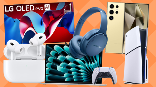 An LG TV, AirPods, tablet, Bose headphones, Samsung phone and PlayStation console
