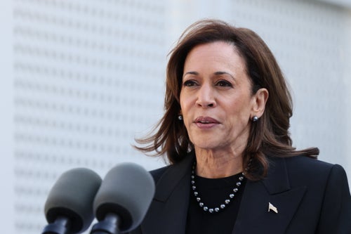 Vice President Kamala Harris delivers remarks on the first anniversary of the Hamas attack on Israel at the Naval Observatory in Washington, DC, on October 7, 2024.