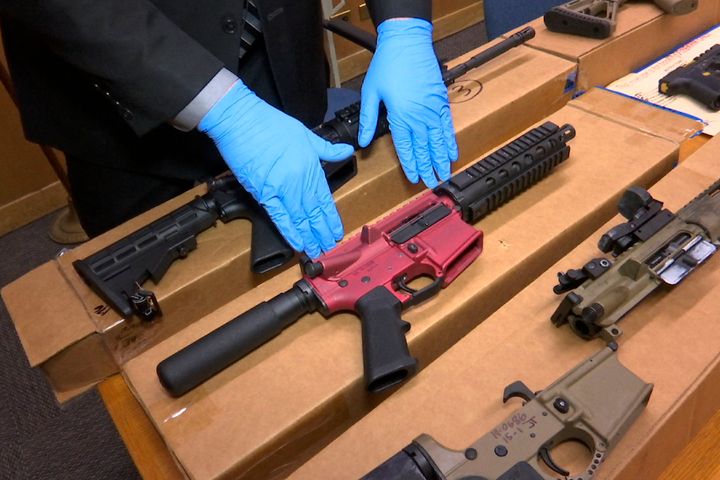 Ghost guns are displayed at the headquarters of the San Francisco Police Department, in San Francisco, Nov. 27, 2019. 