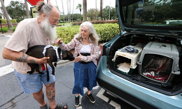 Während Rex und Ruby Thacher aus der möglichen Einbahnstraße des Hurrikans Milton evakuierten, brachten sie am Montag ihre Hunde Lulu und Zoe zum Rosen Center Hotel in Orlando. 