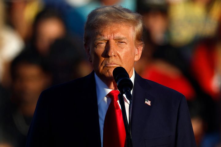 Republican presidential nominee, former President Donald Trump addresses a campaign rally at the Butler Farm Show grounds on October 05, 2024 in Butler, Pennsylvania. 