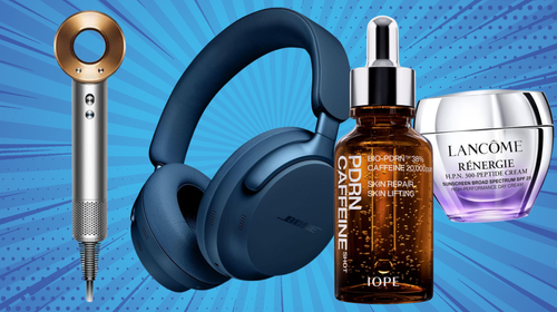 Dyson hair dryer, Bose headphones, IOPE BIO-PDRN Caffeine Shot Face Serum and Lancôme hyaluronic acid face cream.
