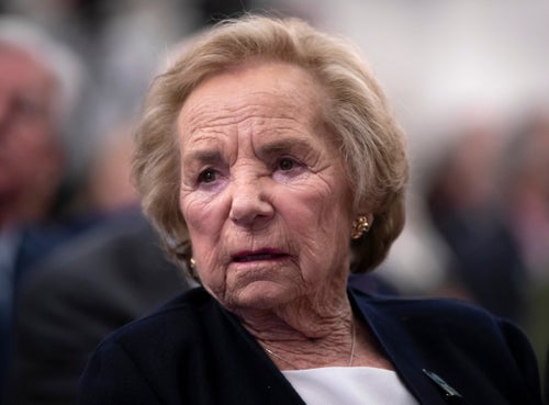 In this June 5, 2018 file photograph, Ethel Kennedy, widow of Senator Robert F. Kennedy who was assassinated during his 1968 presidential campaign, watches a video about her late husband during the Robert F. Kennedy Human Rights awards ceremony on Capitol Hill in Washington. (AP Photo/J. Scott Applewhite, File)