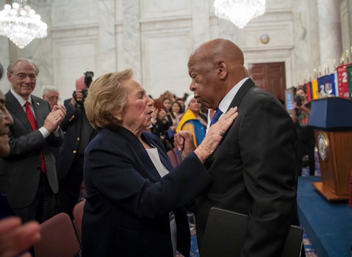 Ethel Kennedy, widow of Senator Robert F. Kennedy who was assassinated during his 1968 presidential campaign, embraces civil rights leader, Rep. John Lewis, D-Ga., the keynote speaker for the Robert F. Kennedy Human Rights Award ceremony on Capitol Hill in Washington, Tuesday, June 5, 2018. (AP Photo/J. Scott Applewhite)