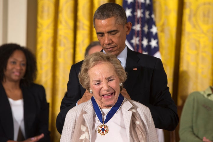 President Barack Obama awards Ethel Kennedy the Presidential Medal of Freedom, Monday, Nov. 24, 2014, during a ceremony in the East Room of the White House in Washington. (AP Photo/Jacquelyn Martin)