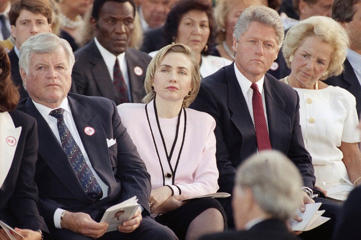 Sen. Edward Kennedy, from left, first lady Hillary Rodham Clinton, President Bill Clinton and Ethel Kennedy, right, listen to a remembrance delivered by Rep. Joseph P. Kennedy II during a memorial Mass in honor of Robert F. Kennedy on the 25th anniversary of his death at the Arlington National Cemetery in Arlington, Va., June 7, 1993. (AP Photo/Marcy Nighswander, File)