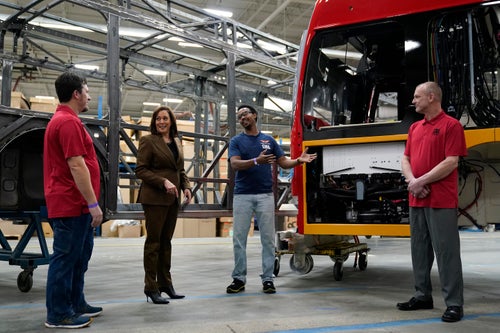 Vice President Kamala Harris speaks with employees while touring New Flyer, an electric vehicles manufacturing company, on Feb. 9, 2023, in St. Cloud, Minnesota.