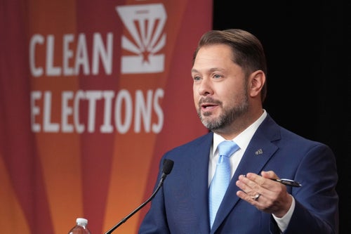 U.S. Senate candidate Rep. Ruben Gallego (D-Ariz.) debates with Republican challenger Kari Lake on Oct. 9, 2024, in Phoenix.