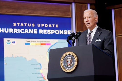 President Joe Biden addresses the federal government's hurricane response during press conference Thursday. He had some strong words for former President Donald Trump while speaking to the press.