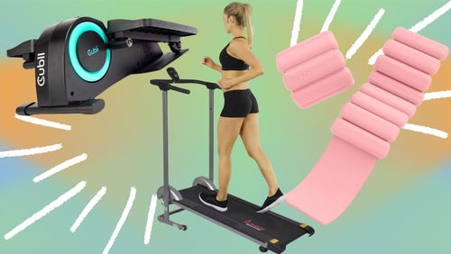 A mini stepper, a foldable treadmill and a set of weighted Bala Bands.