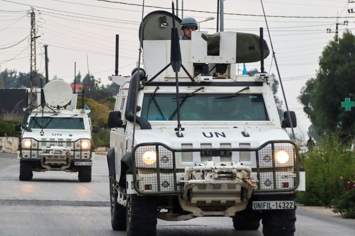 Vehicles of the United Nations Interim Force in Lebanon (UNIFIL) patrol in Marjeyoun in southern Lebanon on October 11, 2024.