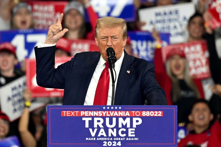 Former President Donald Trump speaks at a campaign rally Wednesday at Santander Arena in Reading, Pennsylvania.