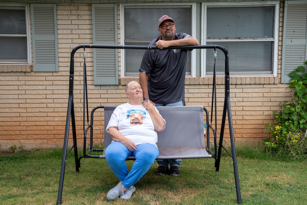 Linda Wood and her son Andre Wood pose for a portrait at her home in Oklahoma City.