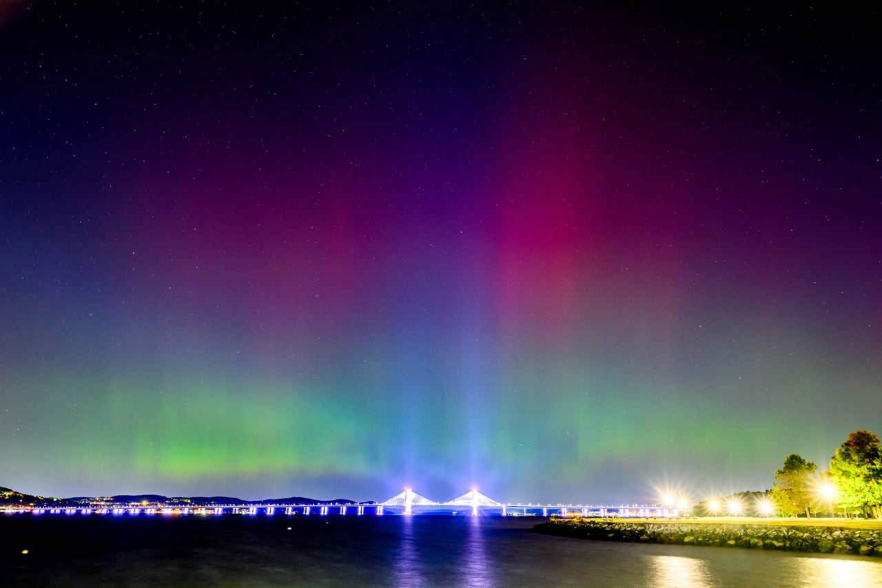 The lights are seen over the Tappan Zee or Governor Mario M. Cuomo Bridge near New York City.