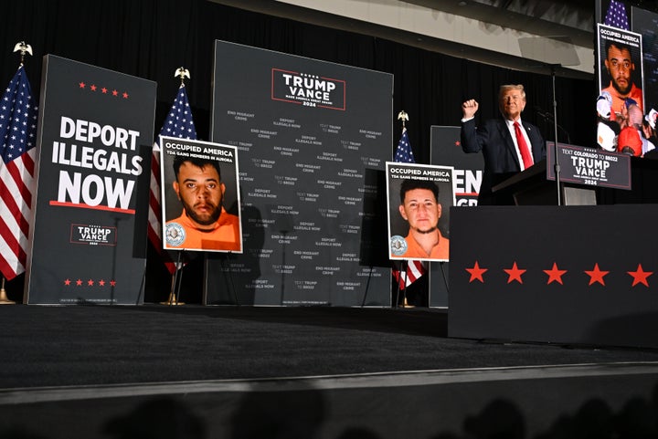 AURORA, COLORADO - OCTOBER 11: Former President Donald J. Trump holds a campaign rally at Gaylord Rockies Resort in Aurora, Colorado on October 11, 2024. The Republican presidential nominee spoke at a hotel convention center to a large crowd of around ten thousand people on the outskirts of Aurora making good on an earlier promise to visit the city he has labeled a war zone. On the debate stage; he made a statement about Venezuelan gang members taking over the city. (Photo by RJ Sangosti/The Denver Post)