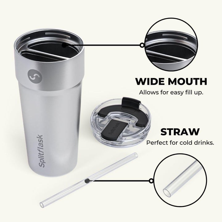 The Splitflask comes in six colors and sports a wide mouth, a straw, and a mouthpiece for easy drinking and easy prep.