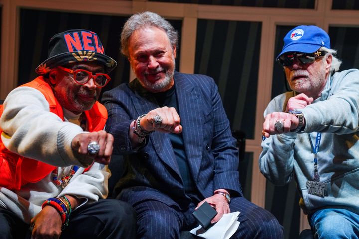 (L-R) Inductees Spike Lee, Billy Crystal and Philadelphia businessman Alan Horwitz attend a SuperFan ceremony during the 2024 Naismith Basketball Hall of Fame enshrinement celebrations on October 13, 2024.