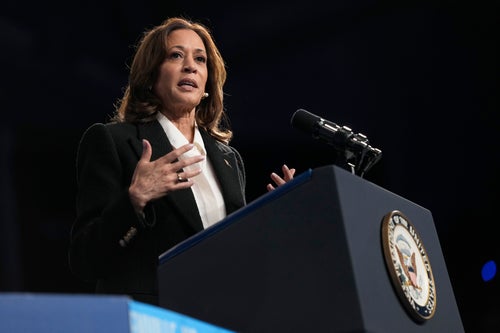 Democratic presidential nominee Vice President Kamala Harris speaks at a campaign rally at East Carolina University in Greenville, N.C., Sunday, Oct. 12, 2024. (AP Photo/Susan Walsh)