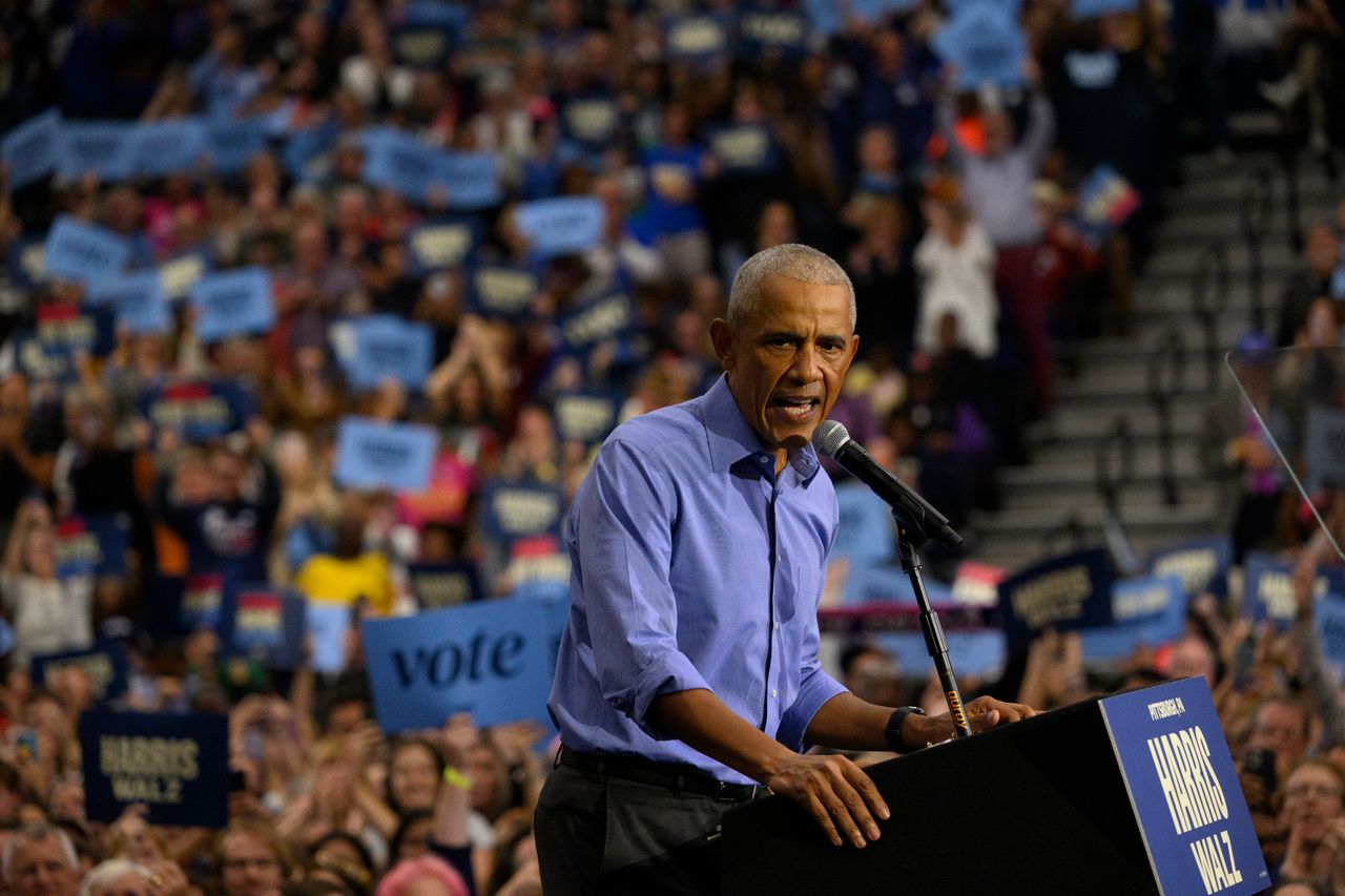 Former President Barack Obama speaks during a campaign event for Democratic presidential nominee Vice President Kamala Harris at the University of Pittsburgh on Oct. 10.