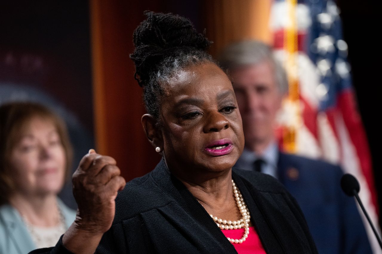 Rep. Gwen Moore (D-Wis.) speaks during the news conference on the debt limit in the U.S. Capitol on Thursday, March 23, 2023.