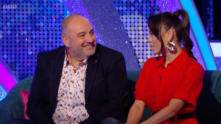 Wynne Evans and Katya Jones being interviewed on Strictly Come Dancing: It Takes Two