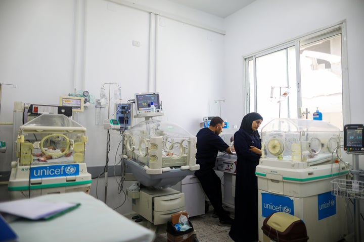 GAZA CITY, GAZA - OCTOBER 14: Premature babies evacuated from Kamal Adwan Hospital in Jabalia due to Israeli attacks and the blockade are receiving care at the Patient Friends Association Hospital, which has opened a dedicated section for them in Gaza City, Gaza on October 14, 2024. (Photo by Momen Faiz/Anadolu via Getty Images)