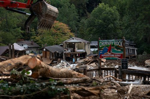 Damaged structures are seen in downtown Chimney Rock, North Carolina, on Oct. 2.