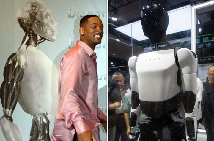 Bilder zeigen a "Ich bin ein Roboter" Design neben dem Schauspieler Will Smith (links) und einem Tesla-Roboter.