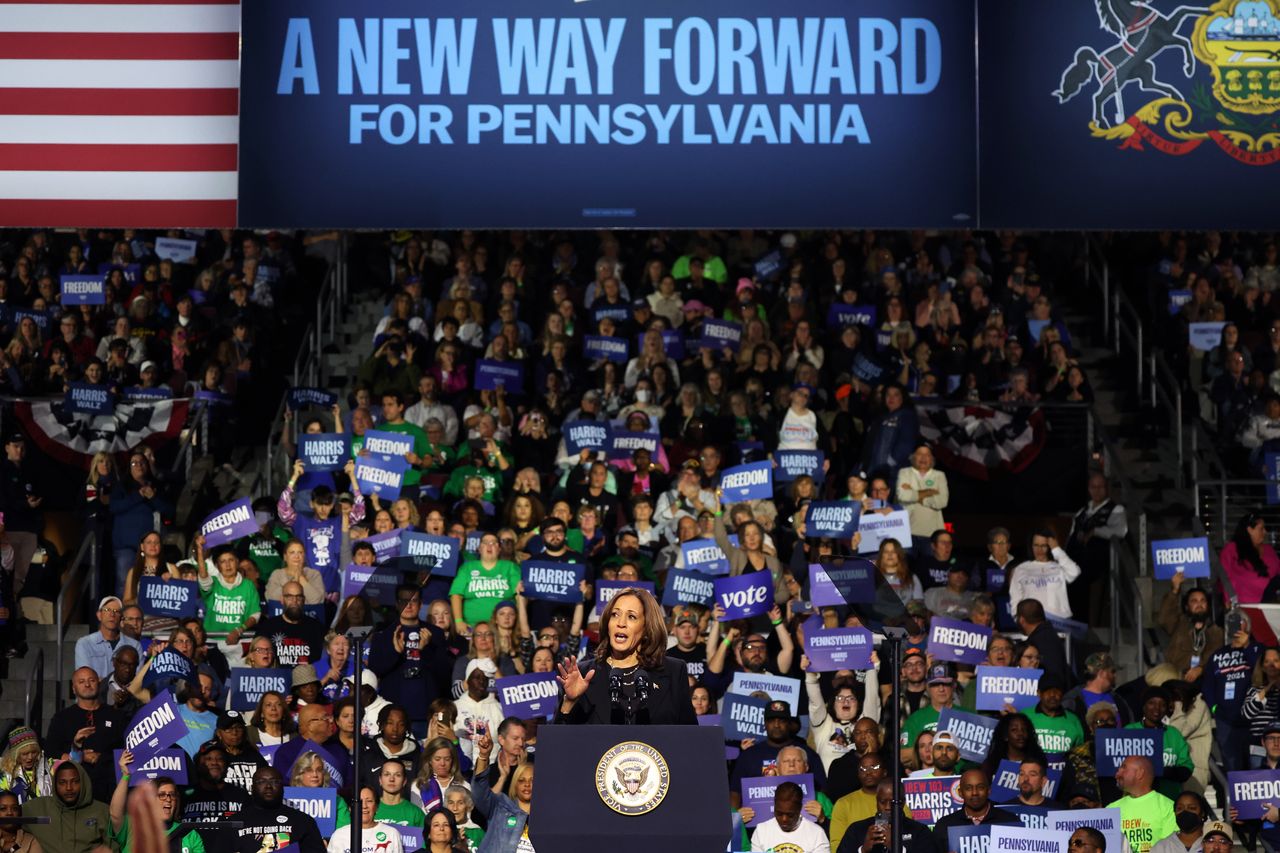 Vice President Kamala Harris speaks during a campaign rally at Erie Insurance Arena on October 14 in Erie, Pennsylvania. 