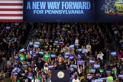 Vice President Kamala Harris speaks during a campaign rally at Erie Insurance Arena on October 14 in Erie, Pennsylvania.
