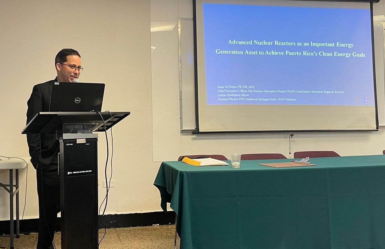 Jesús Nuñez, a nuclear engineer and the founder Puerto Rico's Nuclear Alternative Project, gives regular presentations on atomic energy at conferences and in meetings with government officials.