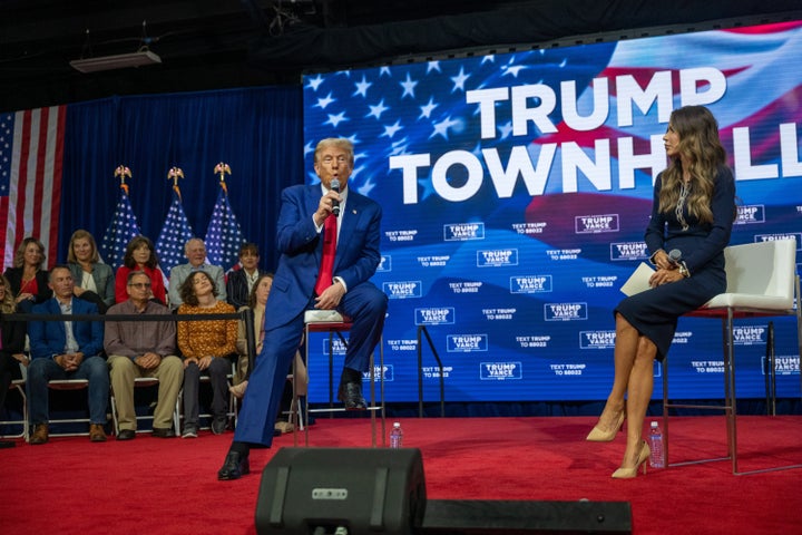 Trump appears with South Dakota Gov. Kristi Noem (R) at a town hall in Oaks, Pennsylvania, that quickly turned into a bizarre listening concert. 