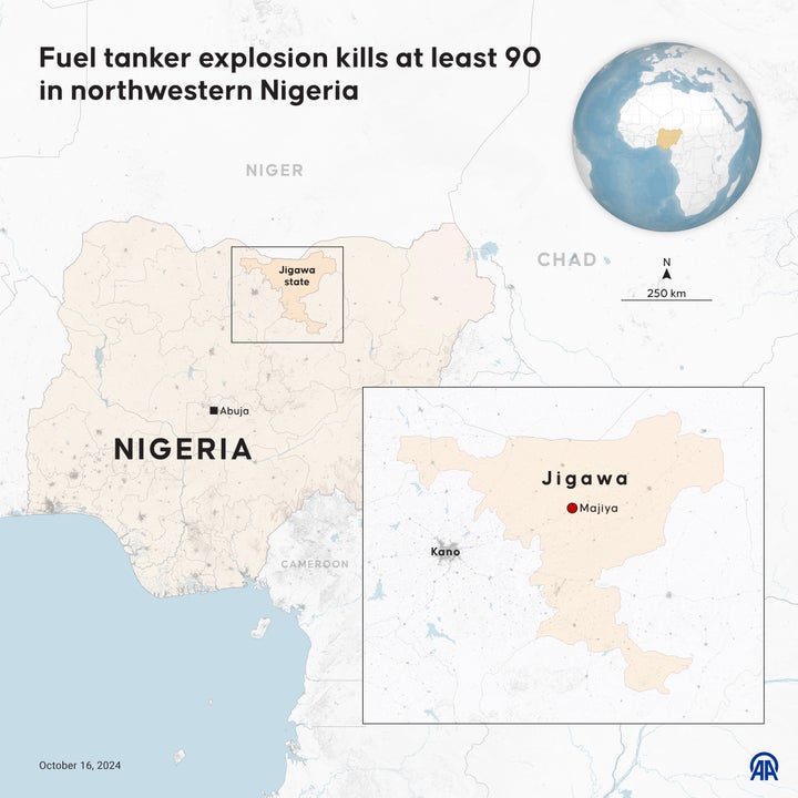 Ένα infographic με τίτλο «Έκρηξη βυτιοφόρου καυσίμων σκοτώνει τουλάχιστον 90 στη βορειοδυτική Νιγηρία» δημιουργήθηκε στην Άγκυρα της Τουρκίας στις 16 Οκτωβρίου 2024. (Photo by Yasin Demirci/Anadolu via Getty Images)