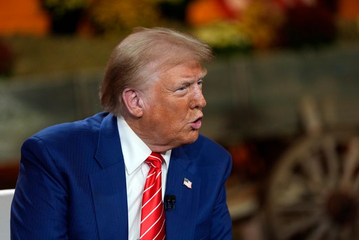 Republican presidential nominee former President Donald Trump speaks during a break in a Fox News town hall with Harris Faulkner at The Reid Barn, Tuesday, Oct. 15, 2024, in Cumming, Ga. 