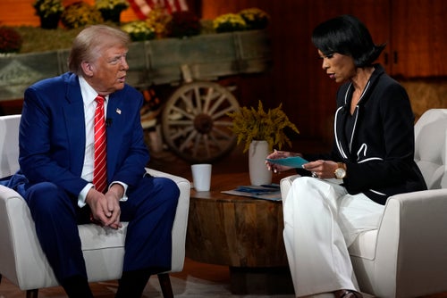 Former President Donald Trump speaks during a break in a Fox News town hall with Harris Faulkner on Oct. 15, 2024, in Cumming, Georgia. 