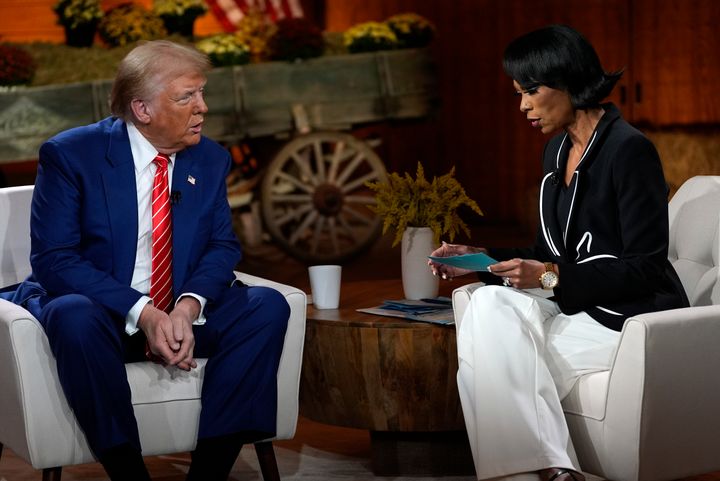 Former President Donald Trump speaks during a break at a Fox News town hall with Harris Faulkner on Oct. 15, 2024, in Cumming, Georgia. 