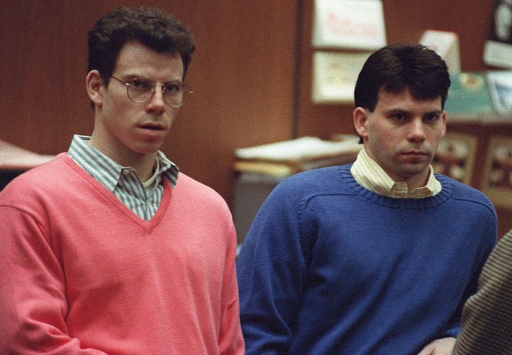 Erik Menendez (left) and his brother, Lyle, sit in the courtroom during a pre-trial hearing in December 1992 in Los Angeles.