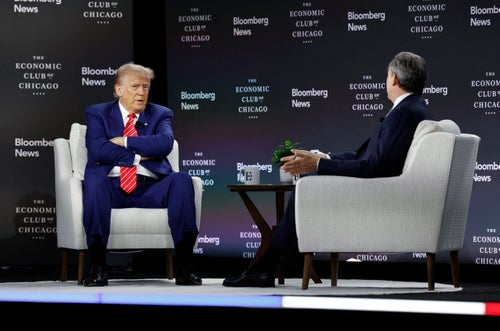 Former President Donald Trump is interviewed Tuesday by Bloomberg News Editor-in-Chief John Micklethwait at the Economic Club of Chicago.