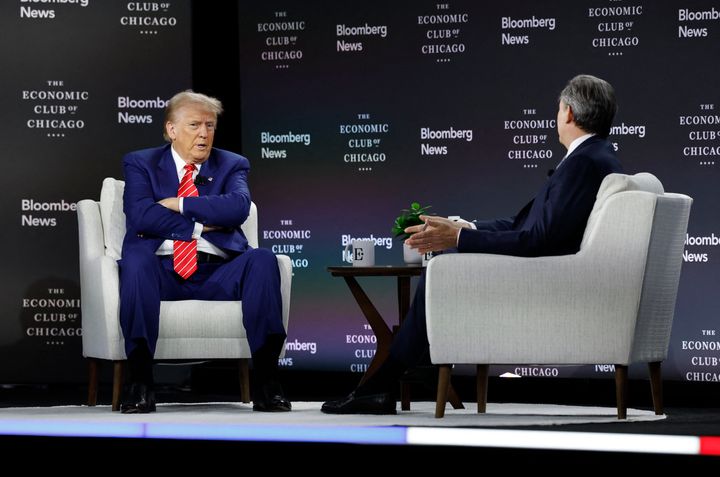 Former President Donald Trump is interviewed Tuesday by Bloomberg News Editor-in-Chief John Micklethwait at the Economic Club of Chicago.