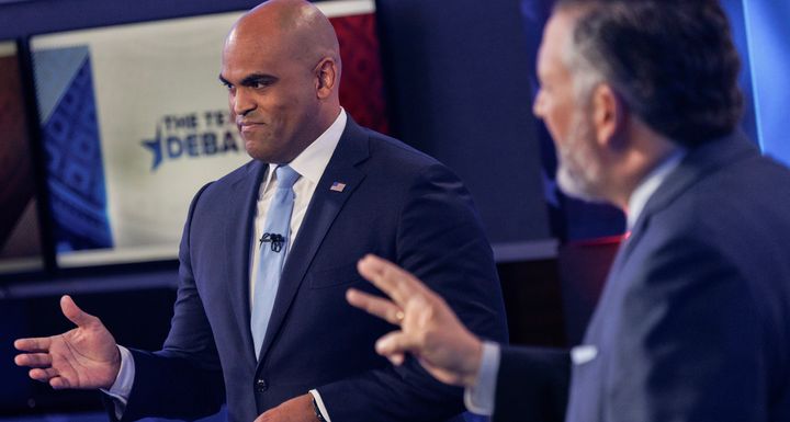 Rep. Colin Allred (D-Texas), left, and Sen. Ted Cruz (R-Texas) participate in a U.S. Senate debate, Tuesday, Oct. 15, 2024, in Dallas.