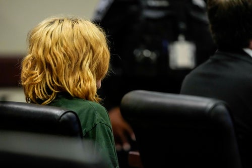 The 14-year-old Apalachee High School shooting suspects sits in the Barrow County Courthouse in Winder, Georgia.