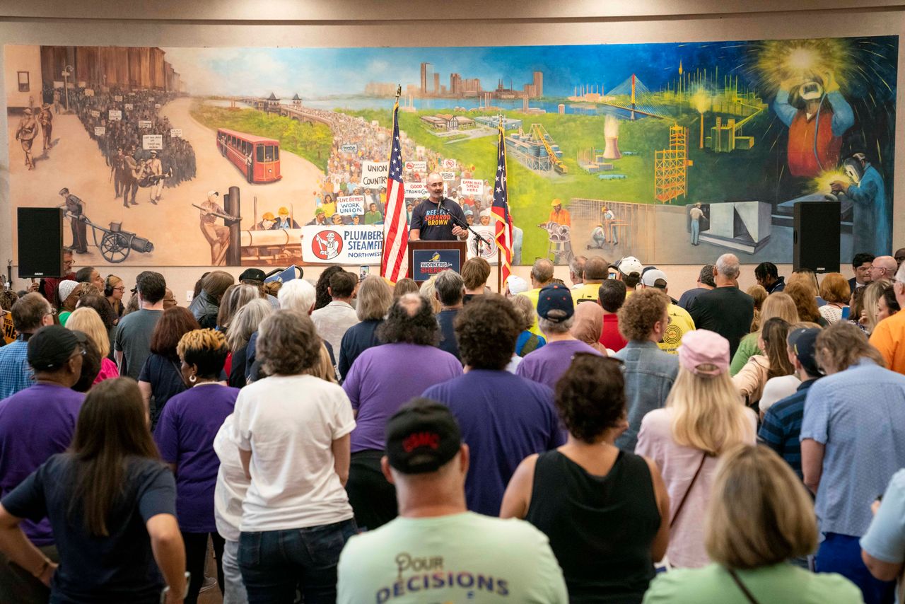 U.A.W. President Shawn Fain speaks at a rally where Sen. Sherrod Brown and Congresswoman Marcy Kaptur also spoke at the UA Local 50 in Northwood, Ohio, on Sept. 14. 