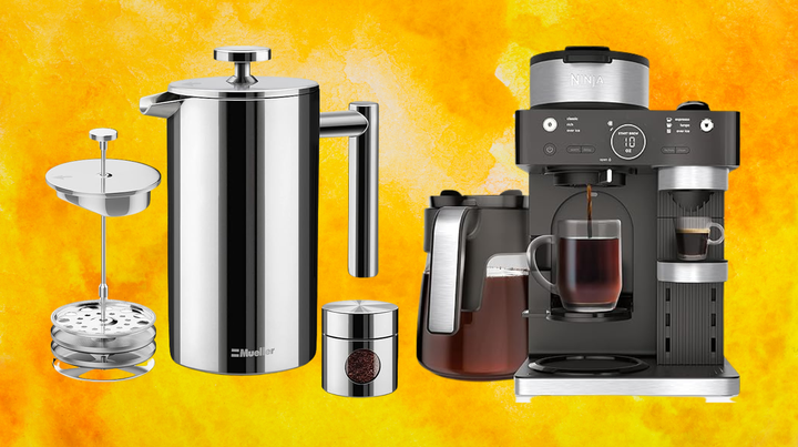 A Mueller French press and Ninja espresso machine.